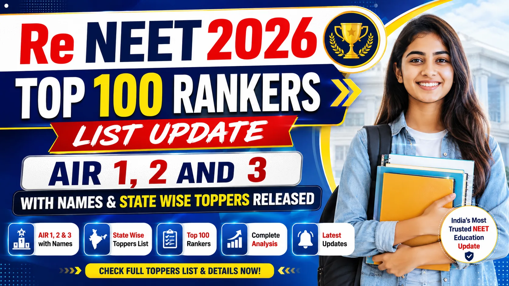 Re NEET 2026 Top 100 Rankers List Update: AIR 1, 2 and 3 with Names & State Wise Toppers Released